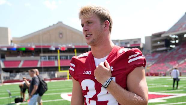 Wisconsin safety Hunter Wohler speaking during local Wisconsin media days.
